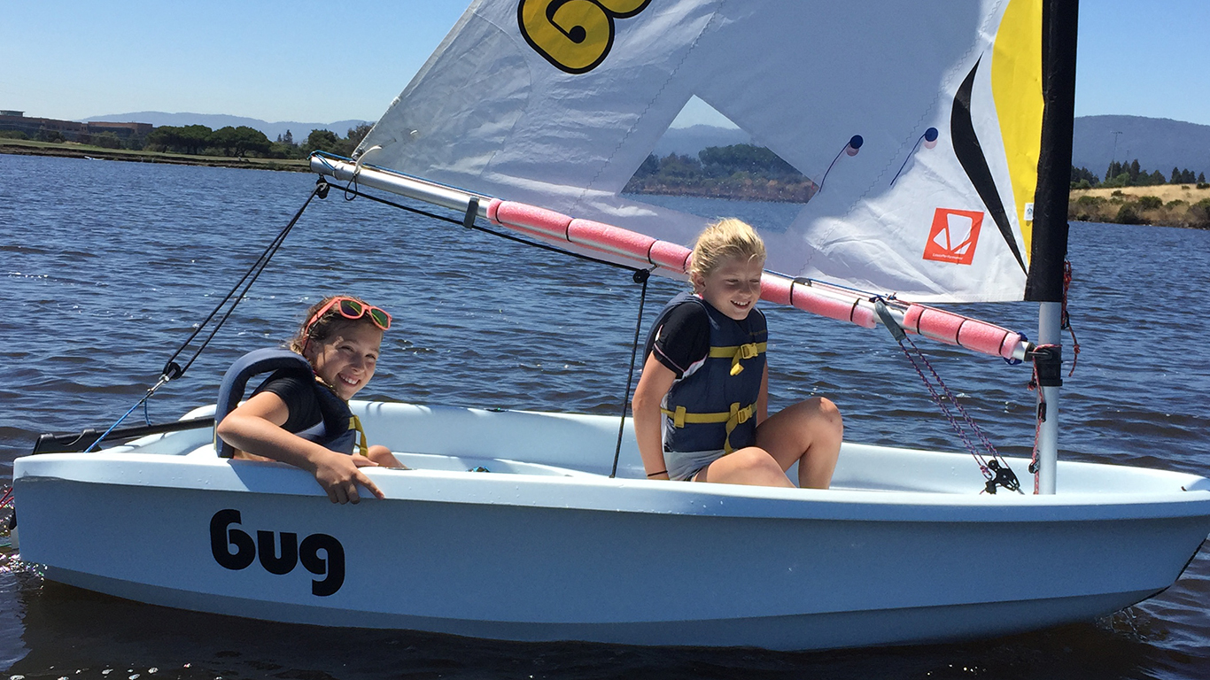 Two girls in a bug sailboat