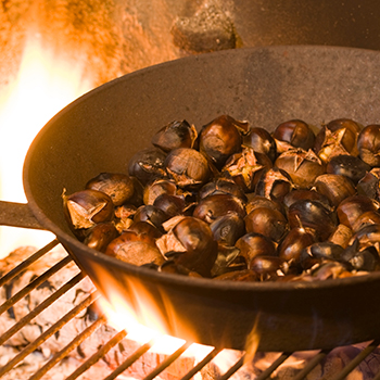 Cehstnuts being roasted on a fire.