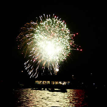 Fireworks beng shot off over shoreline lake