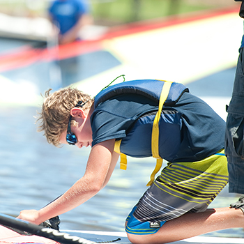 The boat name Catalina 14.2 docked at Shoreline Lake.
